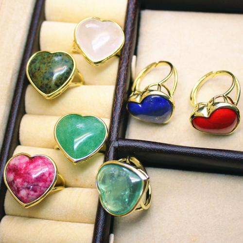 Gemstone Finger Ring, Messing, met Natuursteen, Hart, gold plated, verschillende materialen voor de keuze & voor vrouw, meer kleuren voor de keuze, nikkel, lood en cadmium vrij, 22x22x9mm, Verkocht door PC