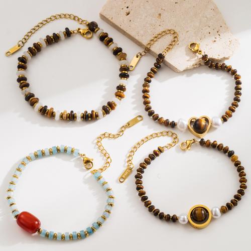 Pulseras de piedras preciosas, acero inoxidable 304, con Piedras preciosas & Perlas plásticas, con 5cm extender cadena, chapado en color dorado, Joyería & diferentes patrones para la opción, más colores para la opción, longitud 15 cm, Vendido por UD