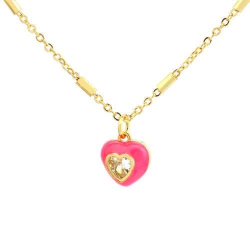 Cubic Zircon Micro Pave Brass Necklace with Cubic Zirconia Heart Vacuum Ion Plating fashion jewelry & for woman & enamel Length Approx 40 cm Sold By PC