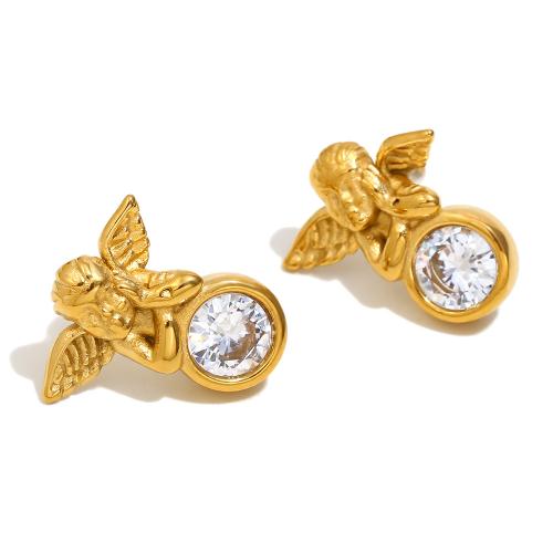 Stainless Steel Stud Earrings 304 Stainless Steel with Cubic Zirconia Angel Vacuum Ion Plating fashion jewelry & for woman mixed colors Sold By Pair