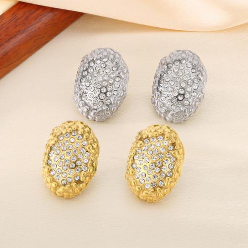 Nehrđajućeg čelika Stud Naušnice, 304 nehrđajućeg čelika, pozlaćen, za žene & s Rhinestone, više boja za izbor, 34x24mm, Prodano By par