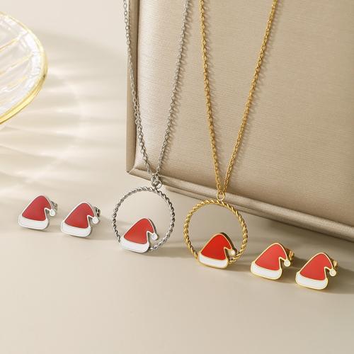 Enamel Stainless Steel Jewelry Set Stud Earring & necklace 304 Stainless Steel Christmas Hat plated 2 pieces & for woman Sold By PC