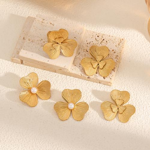 Parures de bijoux en acier inoxydable, Boucle d’oreille stud & bague, anneau, Acier inoxydable 304, Trois Clover Leaf, Placage de couleur d'or, styles différents pour le choix & pour femme, plus de couleurs à choisir, Vendu par PC