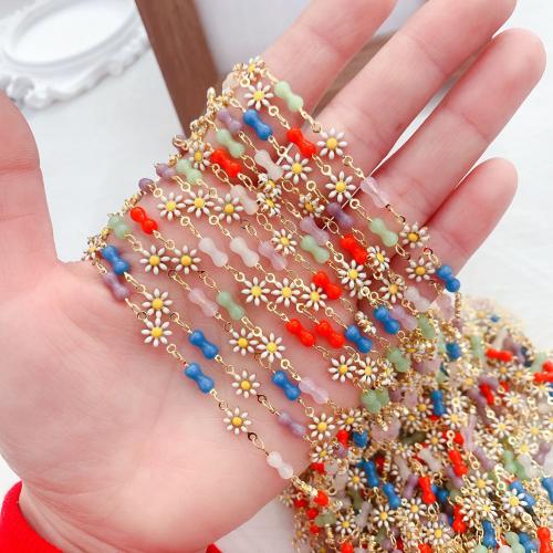 Akmuo beaded grandinės, Žalvarinis, su Brangakmenis, Gėlė, aukso spalva padengtas, Pasidaryk pats & emalė, mišrios spalvos, nikelio, švino ir kadmio nemokamai, 10m/Krepšys, Pardavė Krepšys