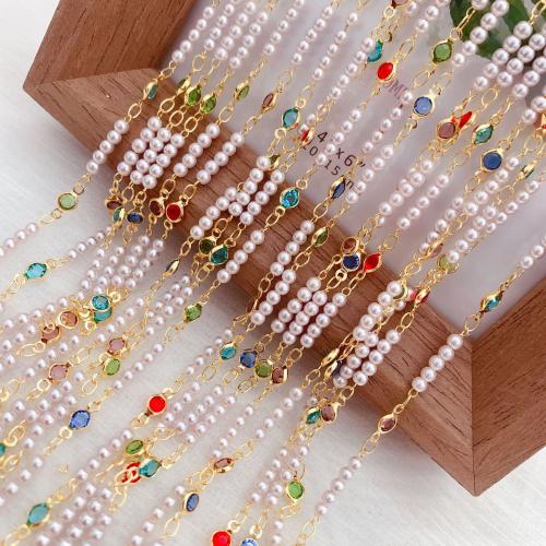 Gemstone Beaded kæde, Messing, med Cubic Zirconia & Plastic Pearl, guldfarve belagt, du kan DIY, blandede farver, nikkel, bly & cadmium fri, 10m/Bag, Solgt af Bag