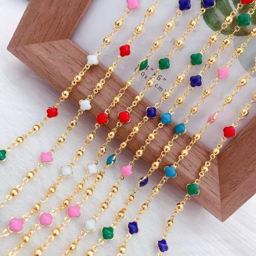 Decorative Beaded Chain Brass Four Leaf Clover gold color plated DIY & enamel mixed colors nickel lead & cadmium free Sold By Bag