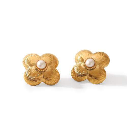 Roestvrij staal Stud Earrings, 304 roestvrij staal, met Plastic Pearl, gold plated, mode sieraden, gouden, Verkocht door pair