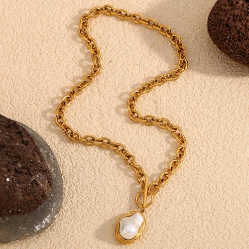 Stainless Steel Jewelry Necklace 304 Stainless Steel with Plastic Pearl irregular gold color plated for woman nickel lead & cadmium free Sold By PC