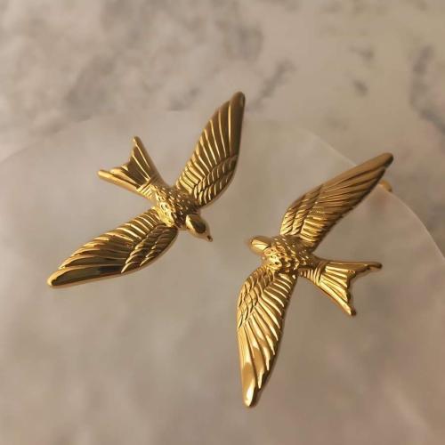 Stainless Steel Stud Earrings 304 Stainless Steel Bird gold color plated for woman Sold By Pair