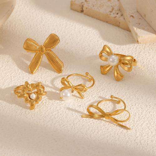 Stainless Steel Finger Ring 304 Stainless Steel with Plastic Pearl gold color plated & for woman Sold By PC