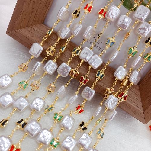 Decorative Beaded Chain Brass with Plastic Pearl Butterfly gold color plated DIY & with rhinestone mixed colors nickel lead & cadmium free Sold By Bag