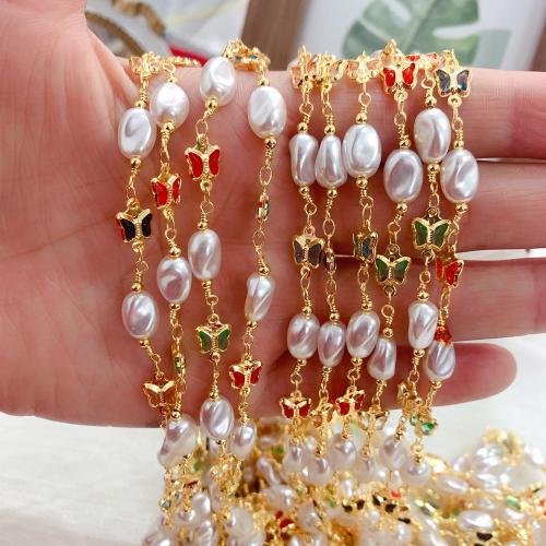 Decorative Beaded Chain Brass with Plastic Pearl Butterfly gold color plated DIY & with rhinestone mixed colors nickel lead & cadmium free Sold By Bag