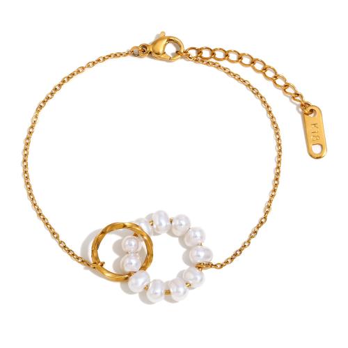 Stainless Steel Jewelry Bracelet 304 Stainless Steel with Plastic Pearl with 3cm extender chain 18K gold plated fashion jewelry & for woman & hollow Length 16 cm Sold By PC