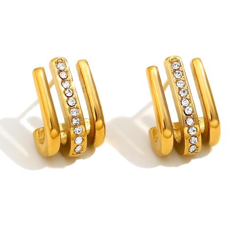 Stainless Steel Stud Earrings 304 Stainless Steel 18K gold plated for woman & with rhinestone & hollow Sold By Pair