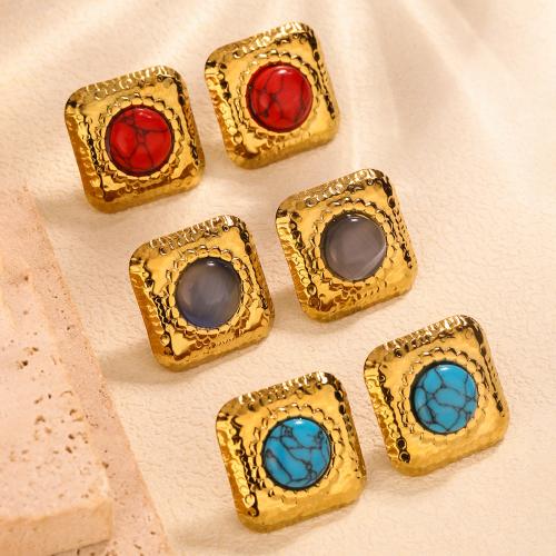 Roestvrij staal Stud Earrings, 304 roestvrij staal, met Synthetische Turquoise, Plein, gold plated, mode sieraden & voor vrouw, meer kleuren voor de keuze, Verkocht door pair