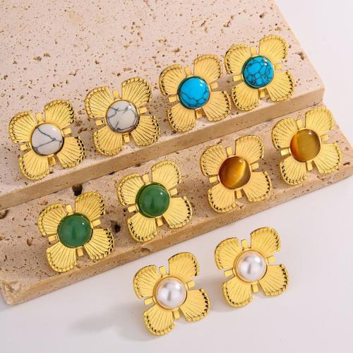 Stainless Steel Stud Earrings 304 Stainless Steel with Glass Beads Flower gold color plated fashion jewelry & for woman Sold By Pair