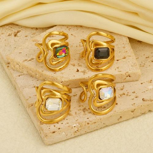 Rhinestone Stainless Steel Finger Ring 304 Stainless Steel gold color plated for woman & with rhinestone Sold By PC