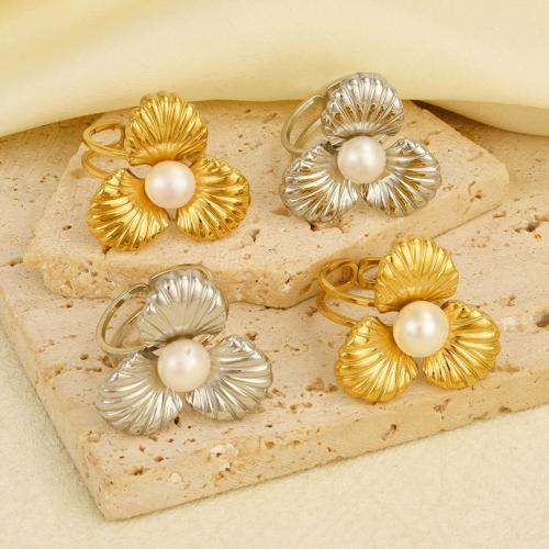 Stainless Steel Finger Ring 304 Stainless Steel with Plastic Pearl Flower plated for woman Sold By PC