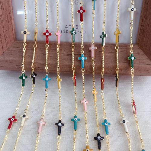 Decorative Beaded Chain Brass Cross gold color plated DIY & evil eye pattern & enamel mixed colors nickel lead & cadmium free Sold By Bag