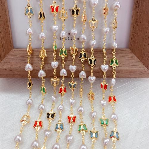 Decorative Beaded Chain Brass with Plastic Pearl gold color plated DIY & with rhinestone mixed colors nickel lead & cadmium free Sold By Bag