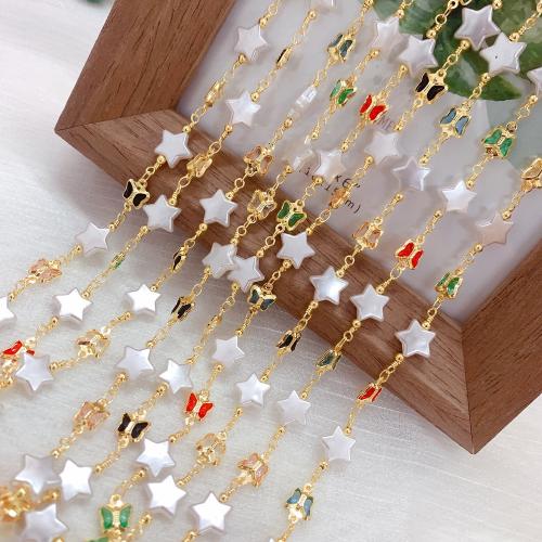 Decorative Beaded Chain Brass with Plastic Pearl Star gold color plated DIY & with rhinestone mixed colors nickel lead & cadmium free Sold By Bag