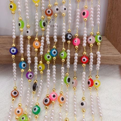 Edelsteen kralen ketting, Messing, met Hars & Plastic Pearl, gold plated, DIY & boze oog patroon, gemengde kleuren, nikkel, lood en cadmium vrij, 10m/Bag, Verkocht door Bag