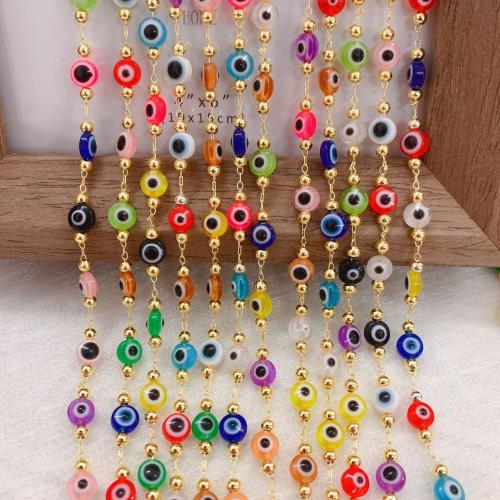 Edelsteen kralen ketting, Messing, met Hars, gold plated, DIY & boze oog patroon, gemengde kleuren, nikkel, lood en cadmium vrij, 10m/Bag, Verkocht door Bag