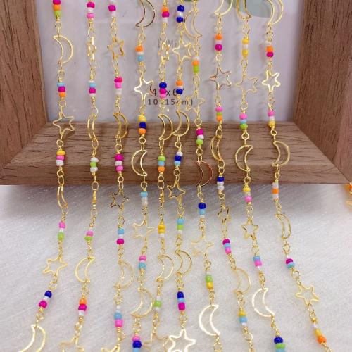 Decorative Beaded Chain Brass with Seedbead Moon and Star gold color plated DIY mixed colors nickel lead & cadmium free Sold By Bag