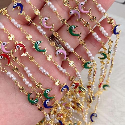 Decorative Beaded Chain Brass with Plastic Pearl Dolphin gold color plated DIY & enamel mixed colors nickel lead & cadmium free Sold By Bag