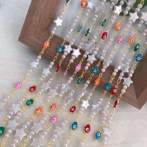 Dragi kamen beaded lanac, Mesing, s Plastična Pearl, Zvijezda, zlatna boja pozlaćen, možete DIY & zlo oko uzorak & emajl, miješana boja, nikal, olovo i kadmij besplatno, 10m/Torba, Prodano By Torba