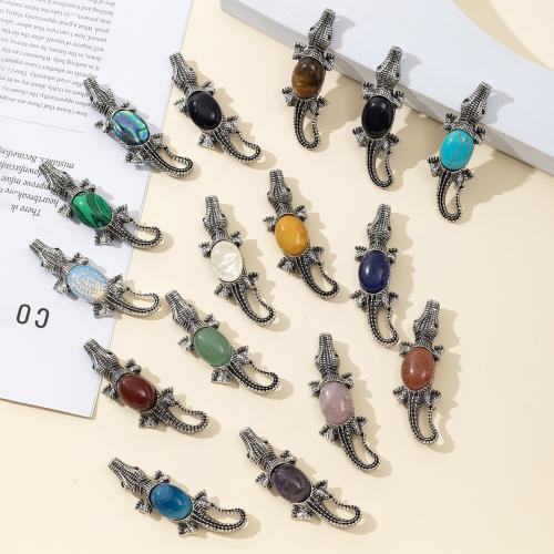 Fashion Brooch Jewelry Zinc Alloy with Natural Stone Crocodile silver color plated fashion jewelry nickel lead & cadmium free Sold By PC