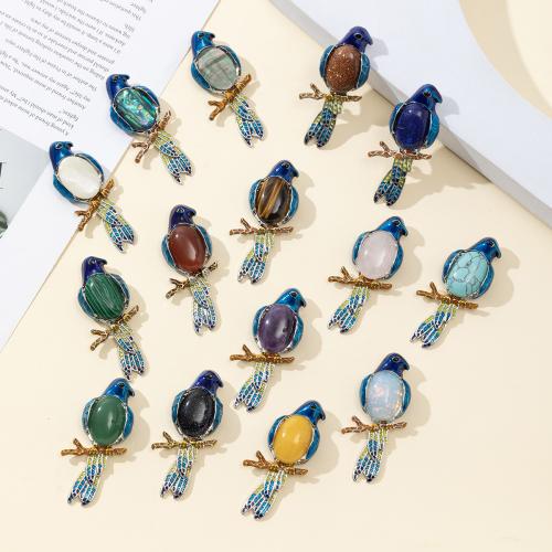 Fashion Broche Sieraden, Zinc Alloy, met Natuursteen, Vogel, silver plated, mode sieraden & verschillende materialen voor de keuze & glazuur, meer kleuren voor de keuze, nikkel, lood en cadmium vrij, 33x68mm, Verkocht door PC