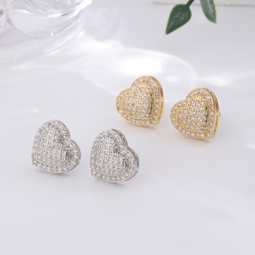 Terningformet Zirkon Micro Pave Messing Øreringe, Heart, forgyldt, mode smykker & Micro Pave cubic zirconia, flere farver til valg, nikkel, bly & cadmium fri, 15x13mm, Solgt af par