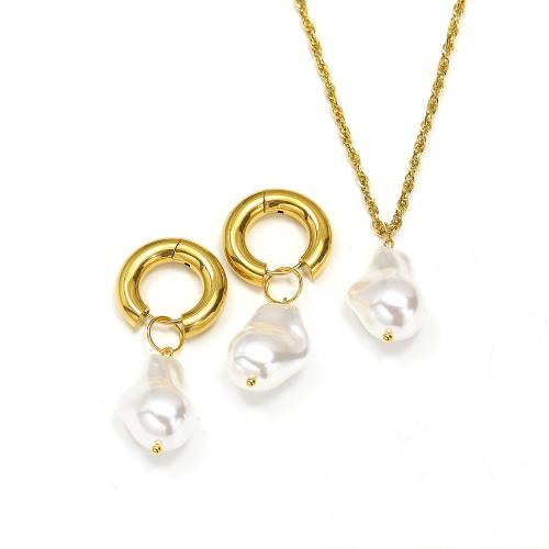 Fashion Stainless Steel Jewelry Sets earring & necklace 304 Stainless Steel with Plastic Pearl Vacuum Ion Plating for woman Sold By PC