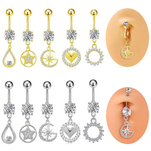 304 acciaio inox anello per pancia, placcato, unisex & stili diversi per la scelta & Micro spianare cubic zirconia, belly ring length 20-30mm, Venduto da PC