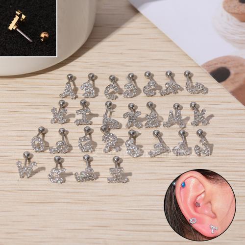 Acier inoxydable 304 piercing oreille, Lettre d’alphabet, unisexe & styles différents pour le choix & pavé de micro zircon, couleur originale, 7mm, Vendu par PC