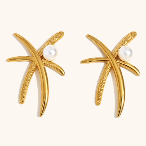 Stainless Steel Stud Earrings 304 Stainless Steel with Plastic Pearl Palm Tree gold color plated for woman Sold By Pair