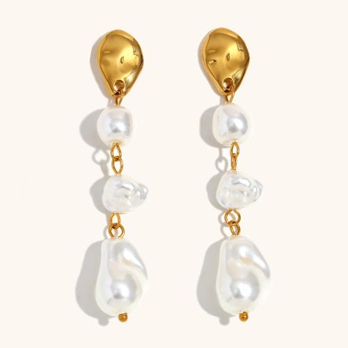 Stainless Steel Drop Earring 304 Stainless Steel with Plastic Pearl gold color plated for woman Sold By Pair