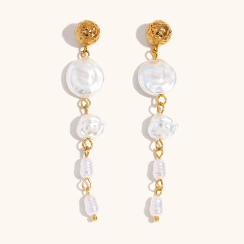 Roestvrij staal hangoorbellen, 304 roestvrij staal, met Plastic Pearl, gold plated, voor vrouw, Verkocht door pair