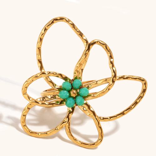 Stainless Steel Finger Ring 304 Stainless Steel with Plastic Flower gold color plated for woman green Sold By PC