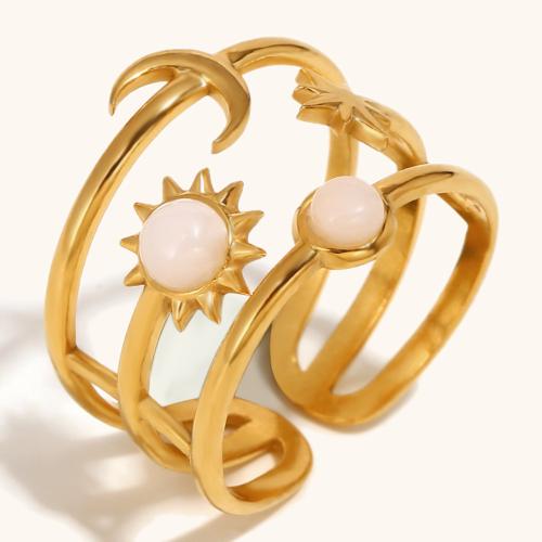 Gemstone Finger Ring, 304 roestvrij staal, met Edelsteen, gold plated, voor vrouw, Verkocht door PC