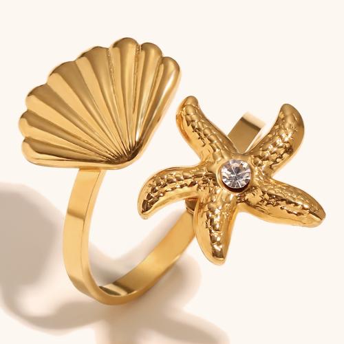 Rhinestone Stainless Steel Finger Ring 304 Stainless Steel Starfish gold color plated for woman & with rhinestone Sold By PC