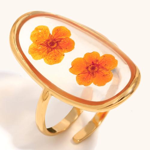 Vinger Ring in edelstaal, 304 roestvrij staal, met Gedroogde bloem & Acryl, gold plated, voor vrouw, Verkocht door PC