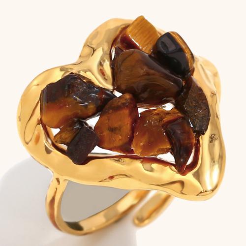 Natural Gemstone Finger Ring 304 Stainless Steel with Natural Stone Heart gold color plated & for woman Sold By PC