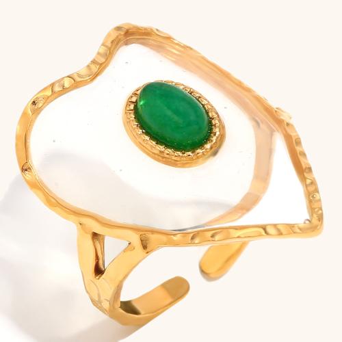 Natural Gemstone Finger Ring 304 Stainless Steel with Gemstone & Acrylic Heart gold color plated for woman Sold By PC