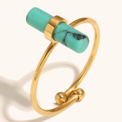 Natural Gemstone Finger Ring 304 Stainless Steel with turquoise gold color plated for woman Sold By PC