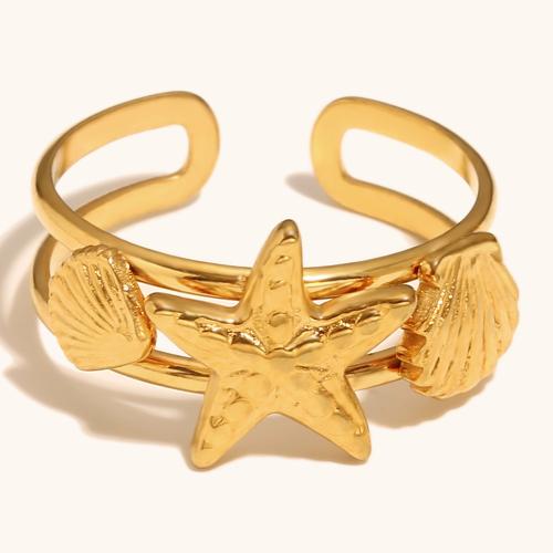 Anillo de dedo de acero inoxidable, acero inoxidable 304, Estrella de Mar, chapado en color dorado, para mujer, Vendido por UD