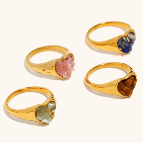 Natural Gemstone Finger Ring 304 Stainless Steel with Gemstone Heart gold color plated  & for woman Sold By PC