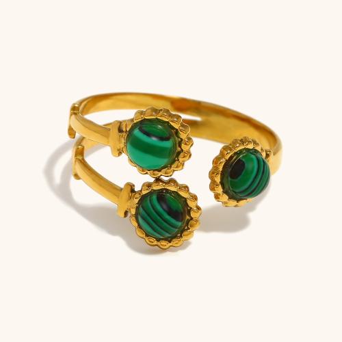 Natural Gemstone Finger Ring 304 Stainless Steel with Malachite gold color plated for woman Sold By PC