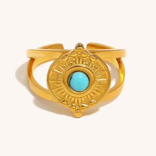 Natural Gemstone Finger Ring 304 Stainless Steel with turquoise gold color plated for woman Sold By PC